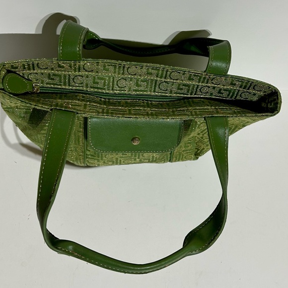 Liz Claiborne Vintage Handbag Satchel Shoulder Bag Purse Pocket Green with Gold - Picture 5 of 16